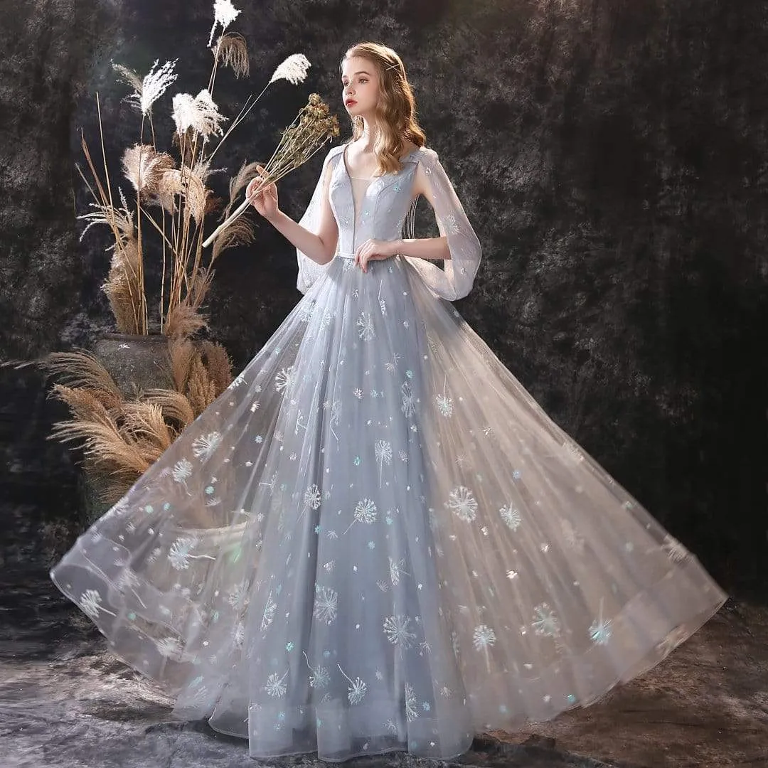 Roycebridal A Line Long Sleeve V Neck Lace Backless Light Blue Flowers Wedding Dresses