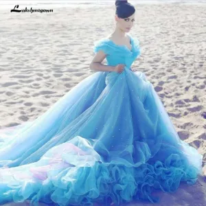 Roycebridal Cinderella Light Blue Wedding Dresses Cheap Crystal Ball Gown
