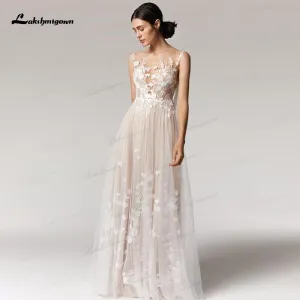 Roycebridal Lace Top Boho Beach A Line Sleeveless Wedding Dress