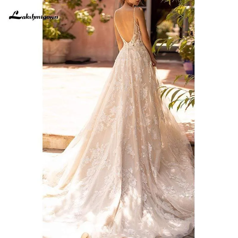 Roycebridal Sexy V Neck Spaghetti Strap Backless A-Line Wedding Dress
