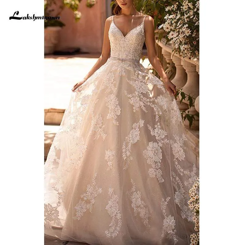 Roycebridal Sexy V Neck Spaghetti Strap Backless A-Line Wedding Dress