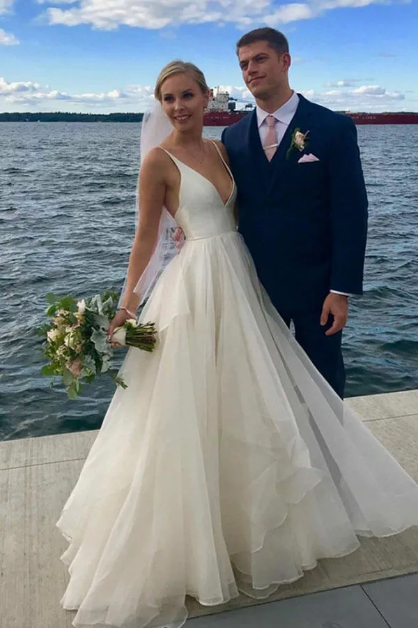 Roycebridal Simple Ivory A-line V-neck Backless Wedding Dresses, Beach Wedding Dress, MW557