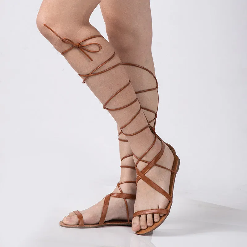 Shoes Women Sandals Lace Up Knee High Boots Gladiator Tie String Casual Flat Size 4-10