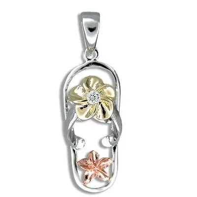 SILVER 925 TRICOLOR HAWAIIAN PLUMERIA FLIP FLOP SLIPPER PENDANT CZ RHODIUM