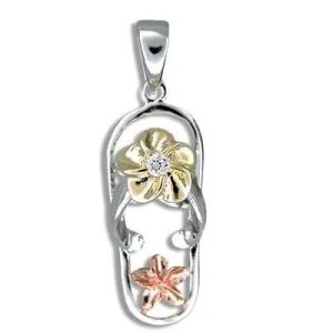 SILVER 925 TRICOLOR HAWAIIAN PLUMERIA FLIP FLOP SLIPPER PENDANT CZ RHODIUM
