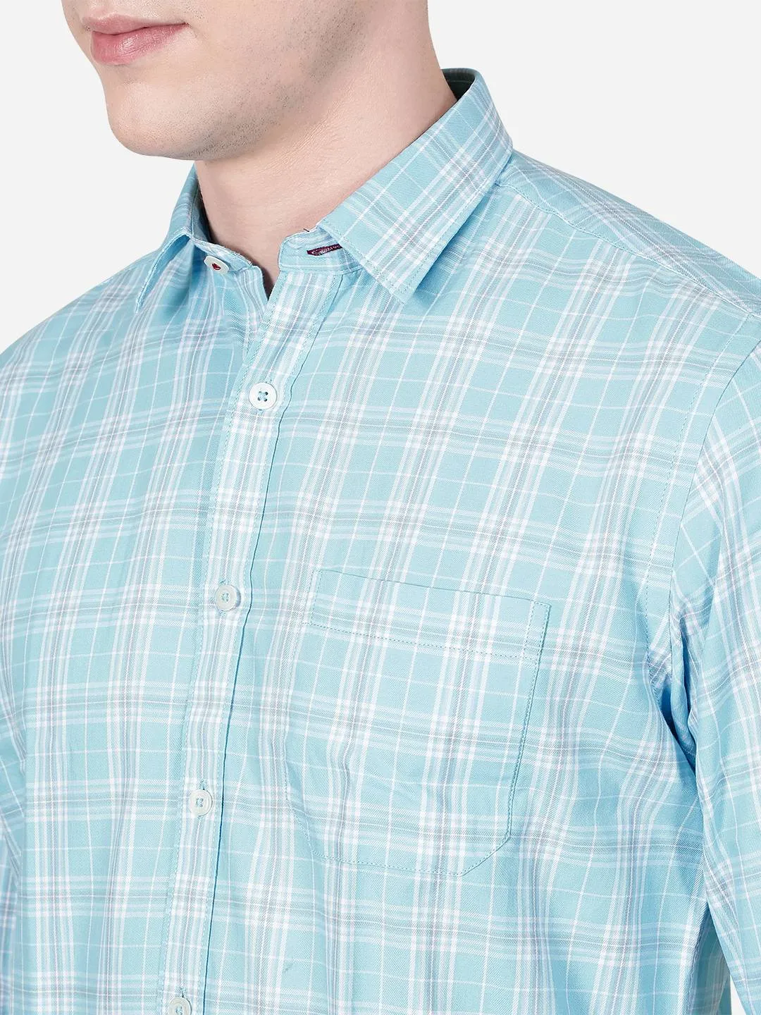 Sky Blue Checked Slim Fit Casual Shirt | Greenfibre