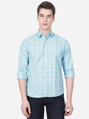 Sky Blue Checked Slim Fit Casual Shirt | Greenfibre