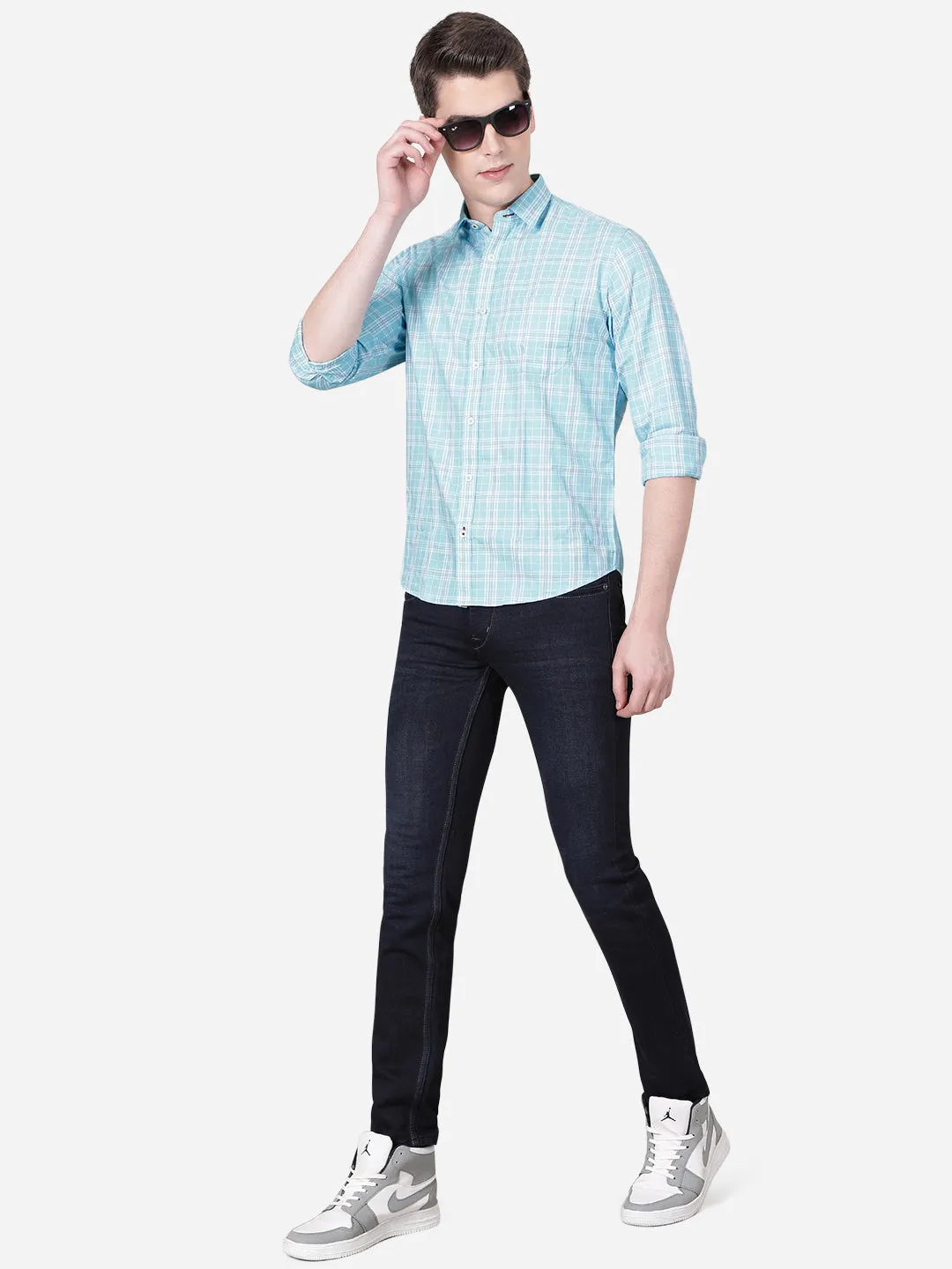Sky Blue Checked Slim Fit Casual Shirt | Greenfibre