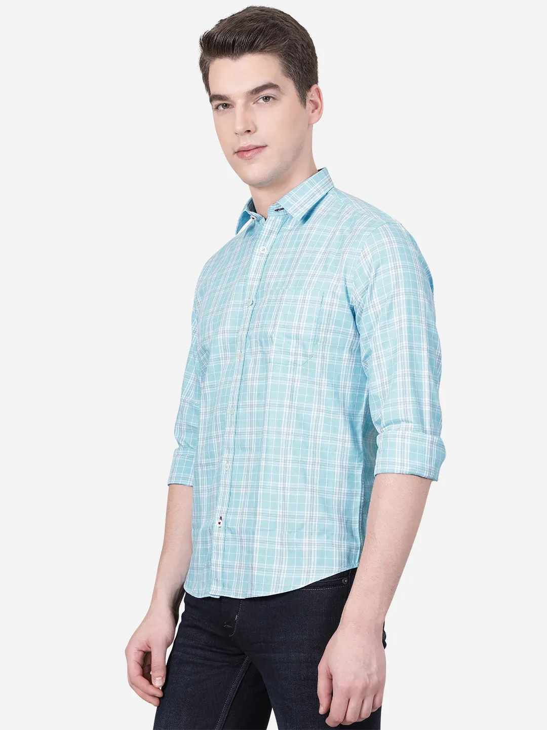 Sky Blue Checked Slim Fit Casual Shirt | Greenfibre