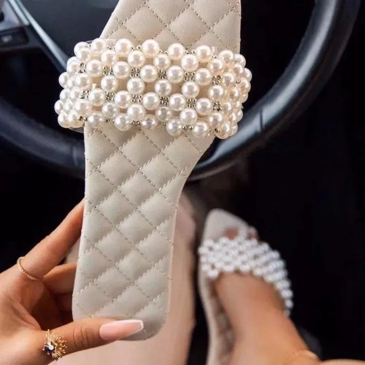 Spring and Summer Women's Pearl Rhinestones Women's All-match Casual Slippers Fashion Solid Flat Shoes Sandals