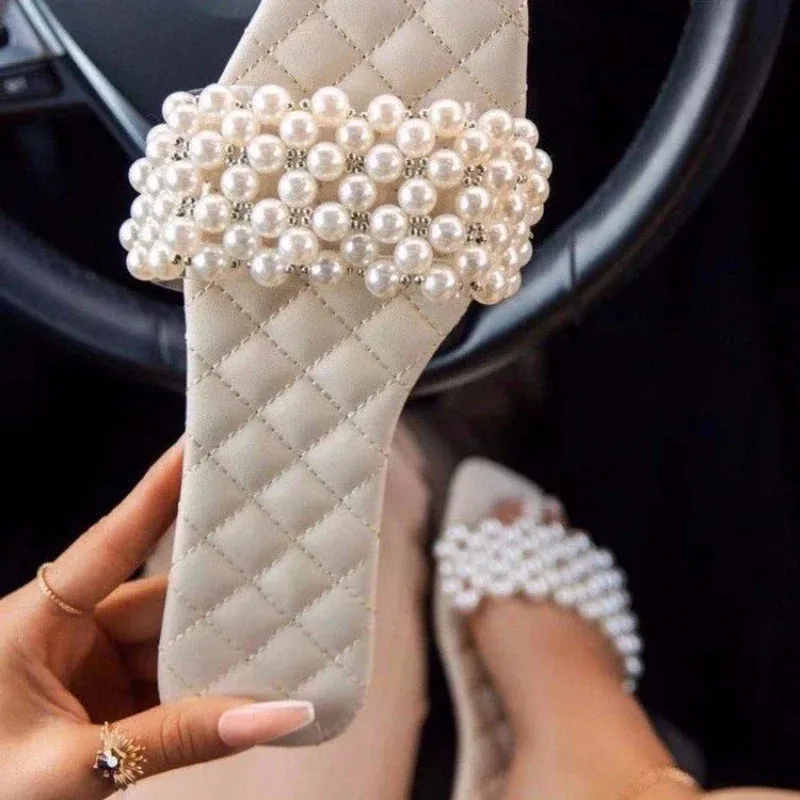 Spring and Summer Women's Pearl Rhinestones Women's All-match Casual Slippers Fashion Solid Flat Shoes Sandals