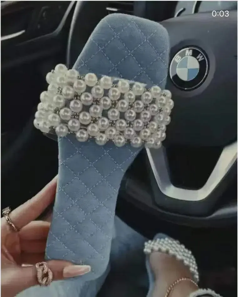 Spring and Summer Women's Pearl Rhinestones Women's All-match Casual Slippers Fashion Solid Flat Shoes Sandals