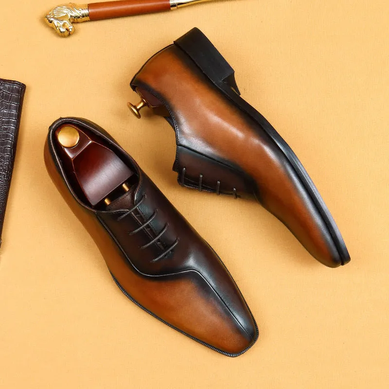 Top Layer Cowhide Men's Leather Shoes British Business Dress Leather Shoes Men's Shoes Genuine Cowhide Color Matching Pointed Handmade Oxford Shoes65123