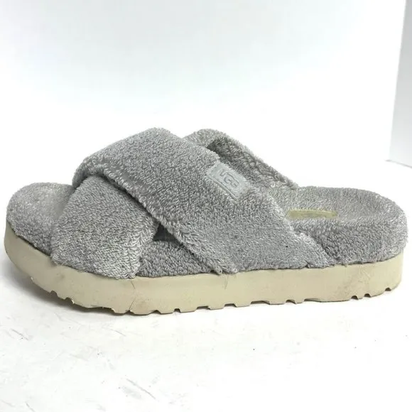 UGG Women's Fuzz Sugar Terry Cross Slide Sandal Grey, Size 10 M