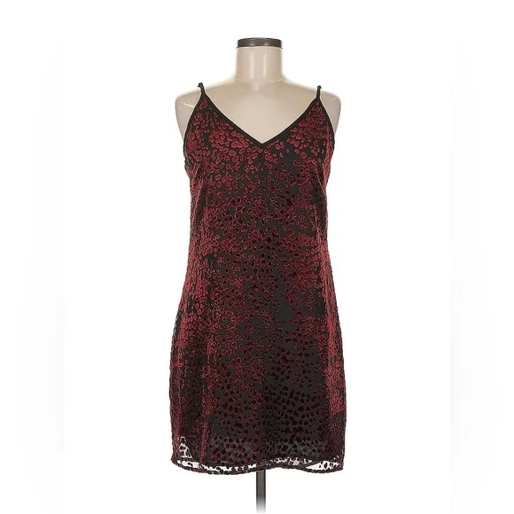 WAYF Cocktail Dress Red and Black Velvet, Printed, Mini, Backless, Medium NWT